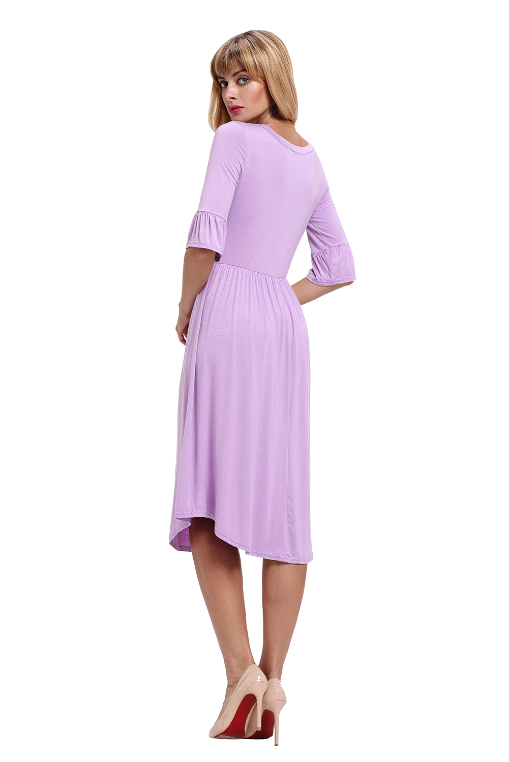 BY61652-8 Purple Ruffle Sleeve Midi Jersey Dress